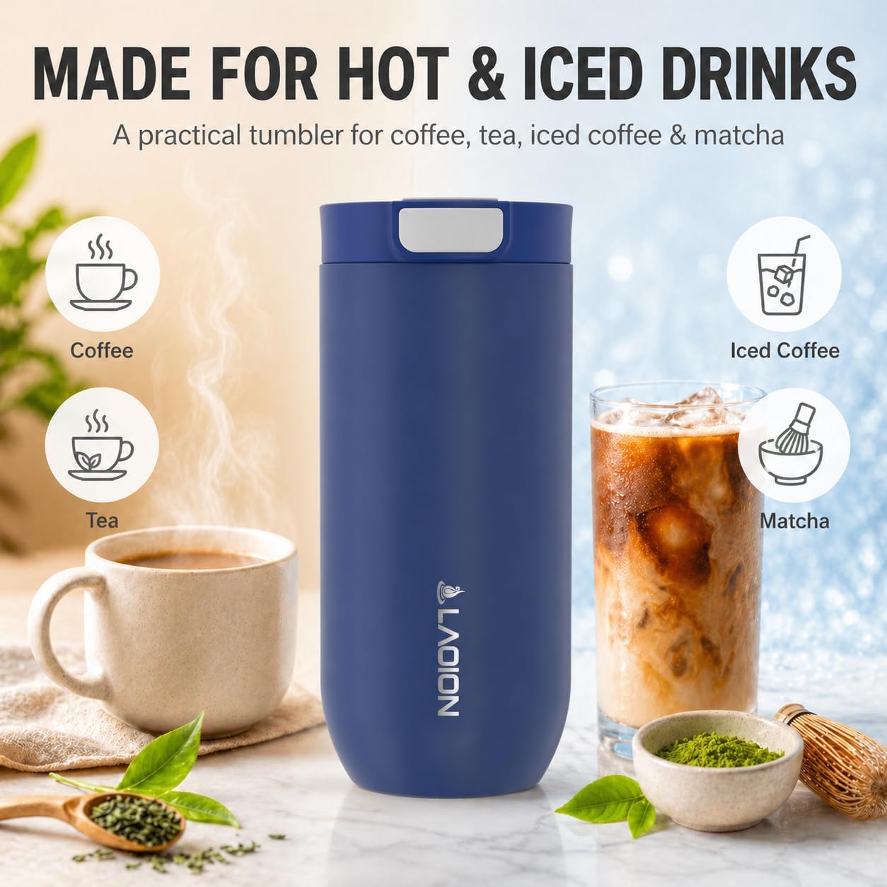 17 oz Insulated Coffee Tumbler, Stainless Steel Travel Coffee Mug | Stainless Steel Travel Coffee Mug with Slider Lid, Reusable Iced Coffee Cup for Office, Car, Commute, Gray
