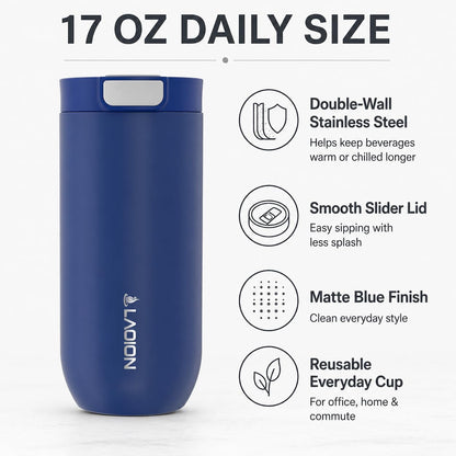 17 oz Insulated Coffee Tumbler, Stainless Steel Travel Coffee Mug | Stainless Steel Travel Coffee Mug with Slider Lid, Reusable Iced Coffee Cup for Office, Car, Commute, Gray