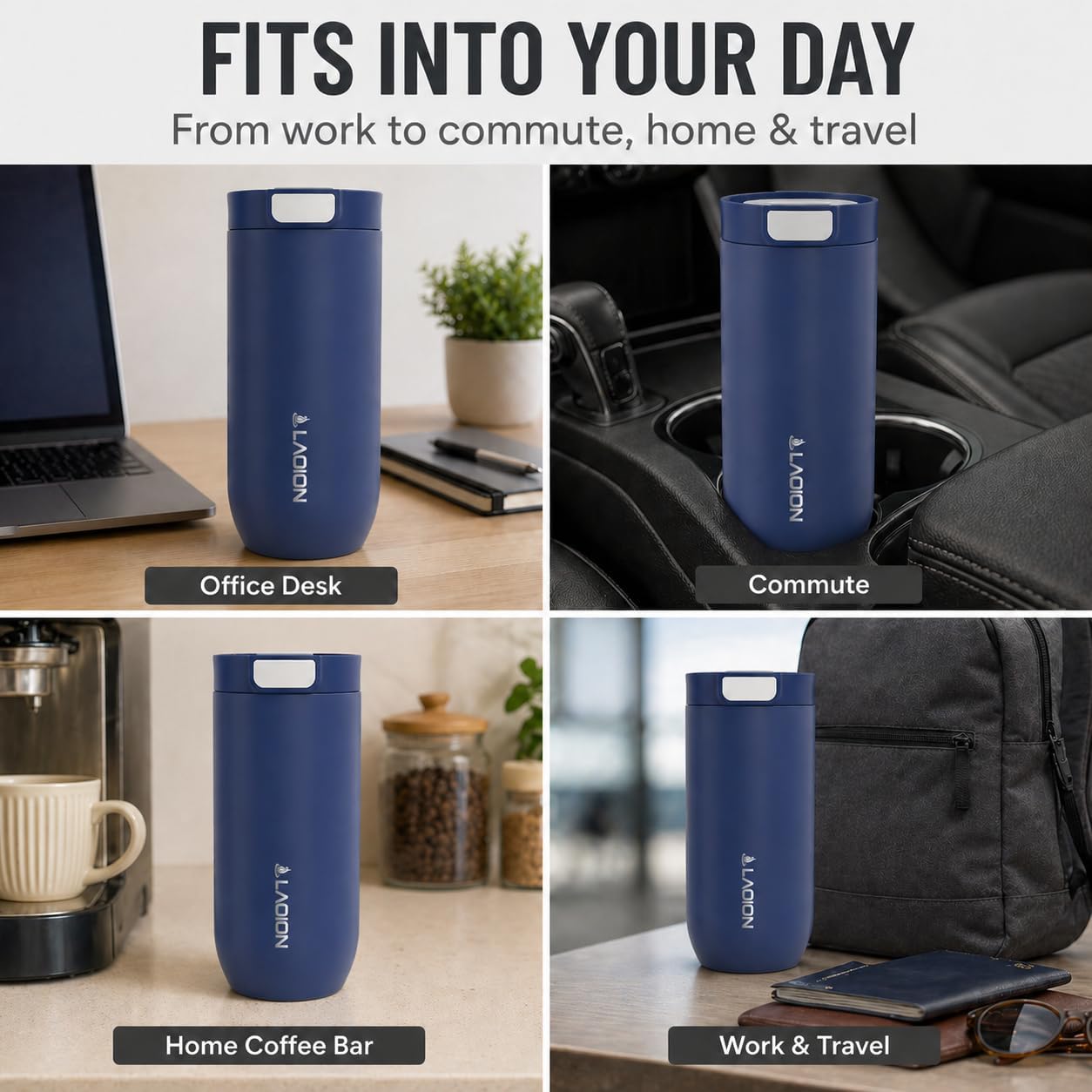 17 oz Insulated Coffee Tumbler, Stainless Steel Travel Coffee Mug | Stainless Steel Travel Coffee Mug with Slider Lid, Reusable Iced Coffee Cup for Office, Car, Commute, Gray