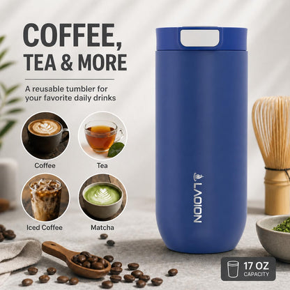 17 oz Insulated Coffee Tumbler, Stainless Steel Travel Coffee Mug | Stainless Steel Travel Coffee Mug with Slider Lid, Reusable Iced Coffee Cup for Office, Car, Commute, Gray