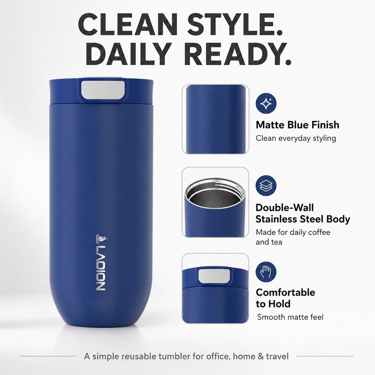 17 oz Insulated Coffee Tumbler, Stainless Steel Travel Coffee Mug | Stainless Steel Travel Coffee Mug with Slider Lid, Reusable Iced Coffee Cup for Office, Car, Commute, Gray