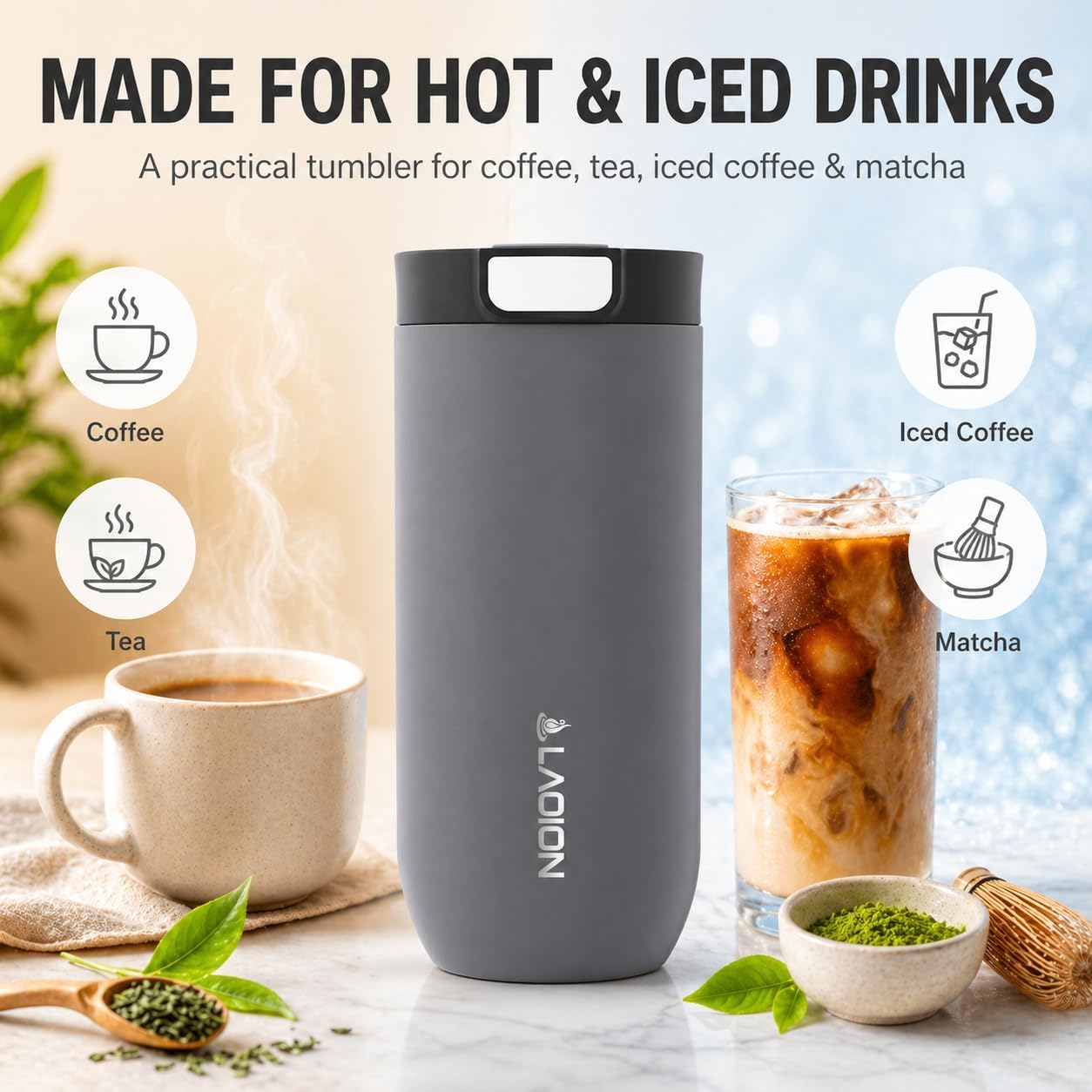 17 oz Insulated Coffee Tumbler, Stainless Steel Travel Coffee Mug | Stainless Steel Travel Coffee Mug with Slider Lid, Reusable Iced Coffee Cup for Office, Car, Commute, Gray