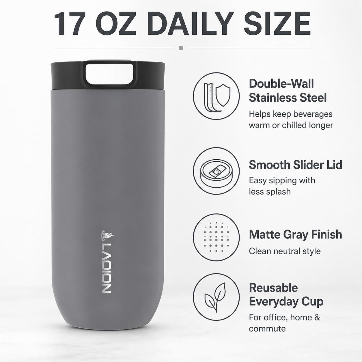 17 oz Insulated Coffee Tumbler, Stainless Steel Travel Coffee Mug | Stainless Steel Travel Coffee Mug with Slider Lid, Reusable Iced Coffee Cup for Office, Car, Commute, Gray