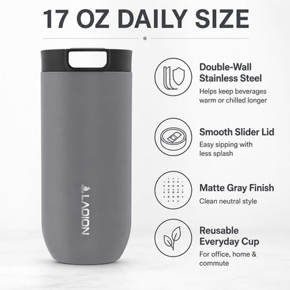 17 oz Insulated Coffee Tumbler, Stainless Steel Travel Coffee Mug | Stainless Steel Travel Coffee Mug with Slider Lid, Reusable Iced Coffee Cup for Office, Car, Commute, Gray