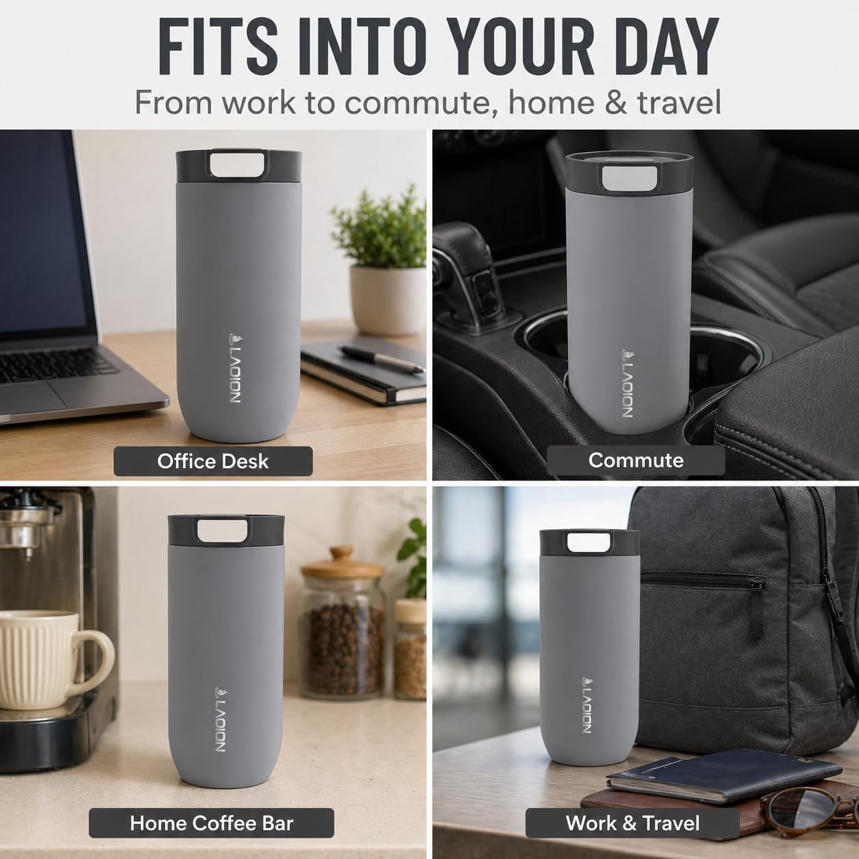 17 oz Insulated Coffee Tumbler, Stainless Steel Travel Coffee Mug | Stainless Steel Travel Coffee Mug with Slider Lid, Reusable Iced Coffee Cup for Office, Car, Commute, Gray