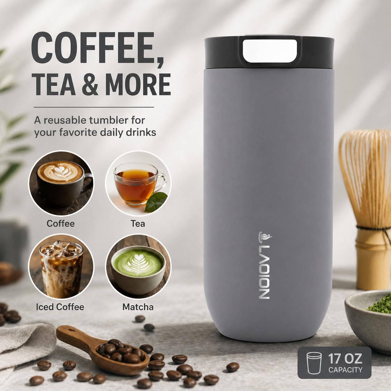 17 oz Insulated Coffee Tumbler, Stainless Steel Travel Coffee Mug | Stainless Steel Travel Coffee Mug with Slider Lid, Reusable Iced Coffee Cup for Office, Car, Commute, Gray