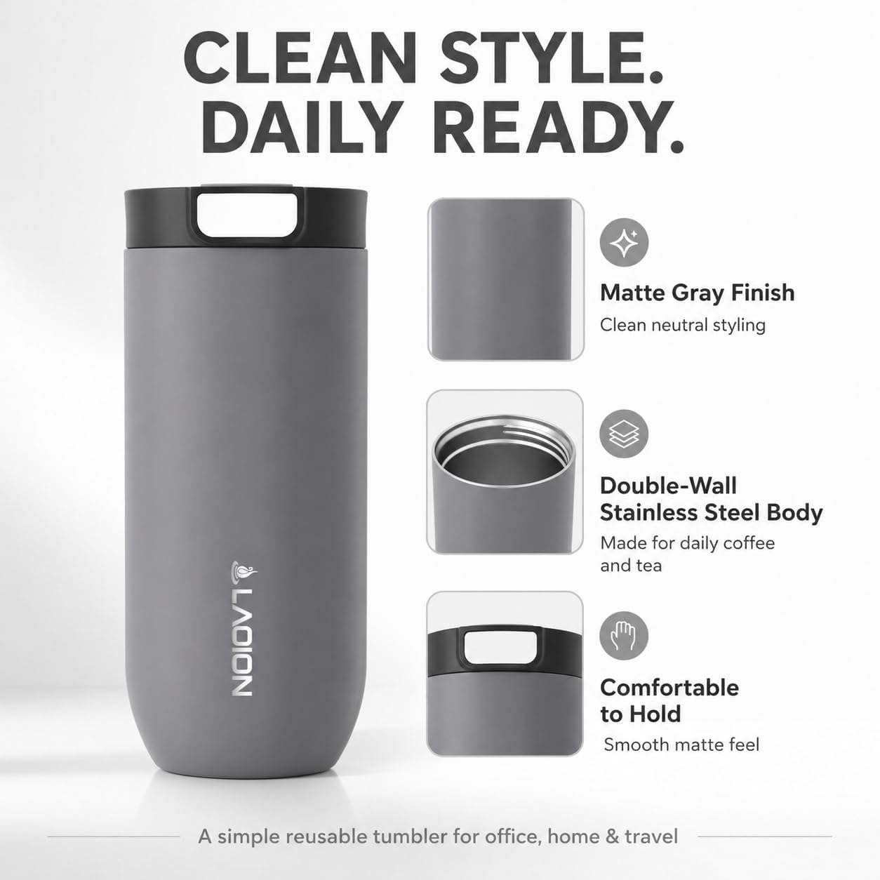 17 oz Insulated Coffee Tumbler, Stainless Steel Travel Coffee Mug | Stainless Steel Travel Coffee Mug with Slider Lid, Reusable Iced Coffee Cup for Office, Car, Commute, Gray