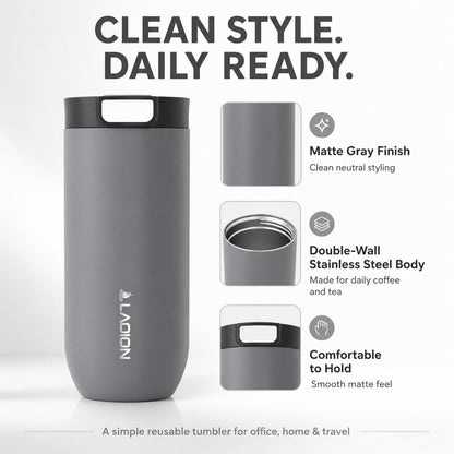 17 oz Insulated Coffee Tumbler, Stainless Steel Travel Coffee Mug | Stainless Steel Travel Coffee Mug with Slider Lid, Reusable Iced Coffee Cup for Office, Car, Commute, Gray