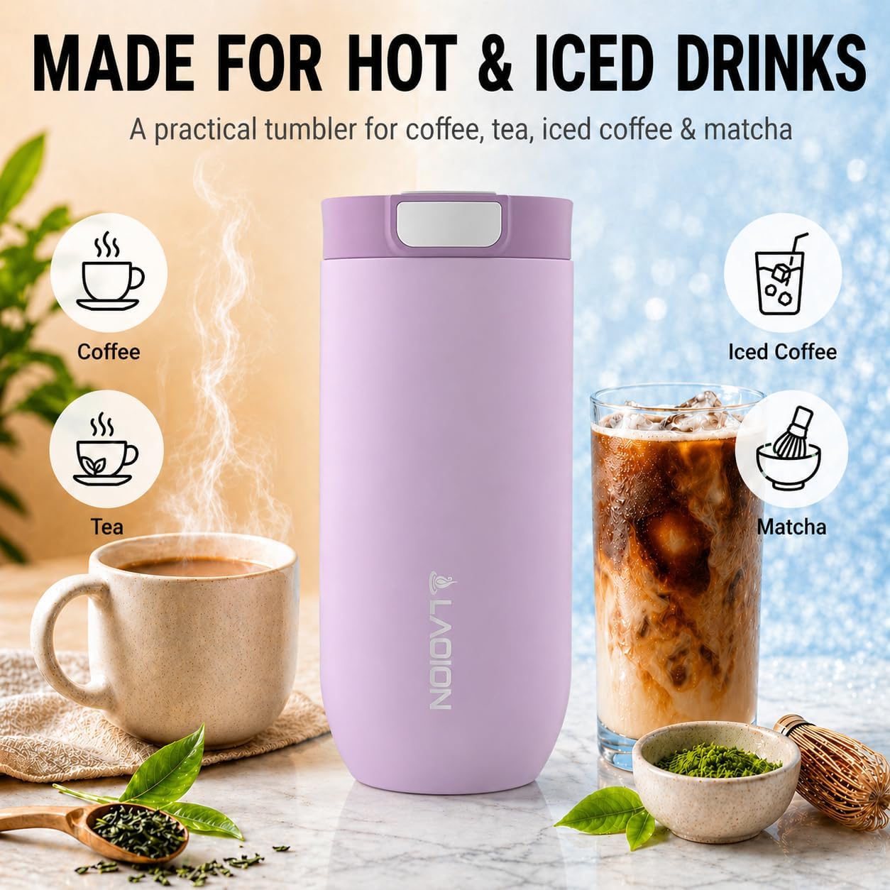 17 oz Insulated Coffee Tumbler, Stainless Steel Travel Coffee Mug | Stainless Steel Travel Coffee Mug with Slider Lid, Reusable Iced Coffee Cup for Office, Car, Commute, Gray