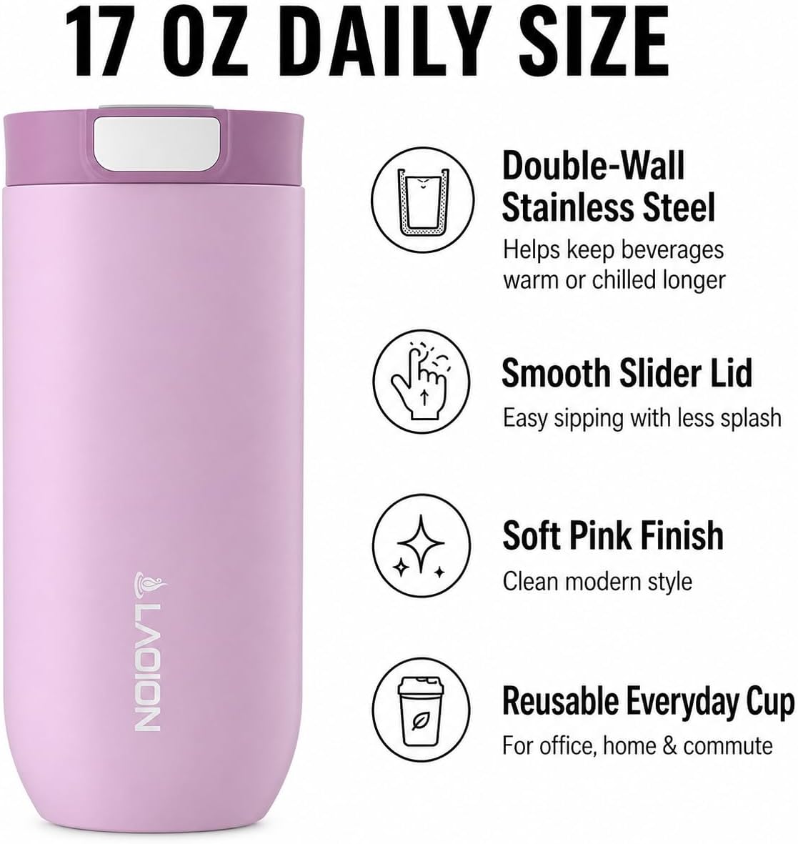 17 oz Insulated Coffee Tumbler, Stainless Steel Travel Coffee Mug | Stainless Steel Travel Coffee Mug with Slider Lid, Reusable Iced Coffee Cup for Office, Car, Commute, Gray