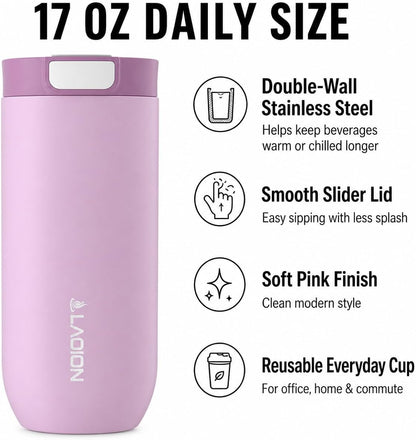 17 oz Insulated Coffee Tumbler, Stainless Steel Travel Coffee Mug | Stainless Steel Travel Coffee Mug with Slider Lid, Reusable Iced Coffee Cup for Office, Car, Commute, Gray