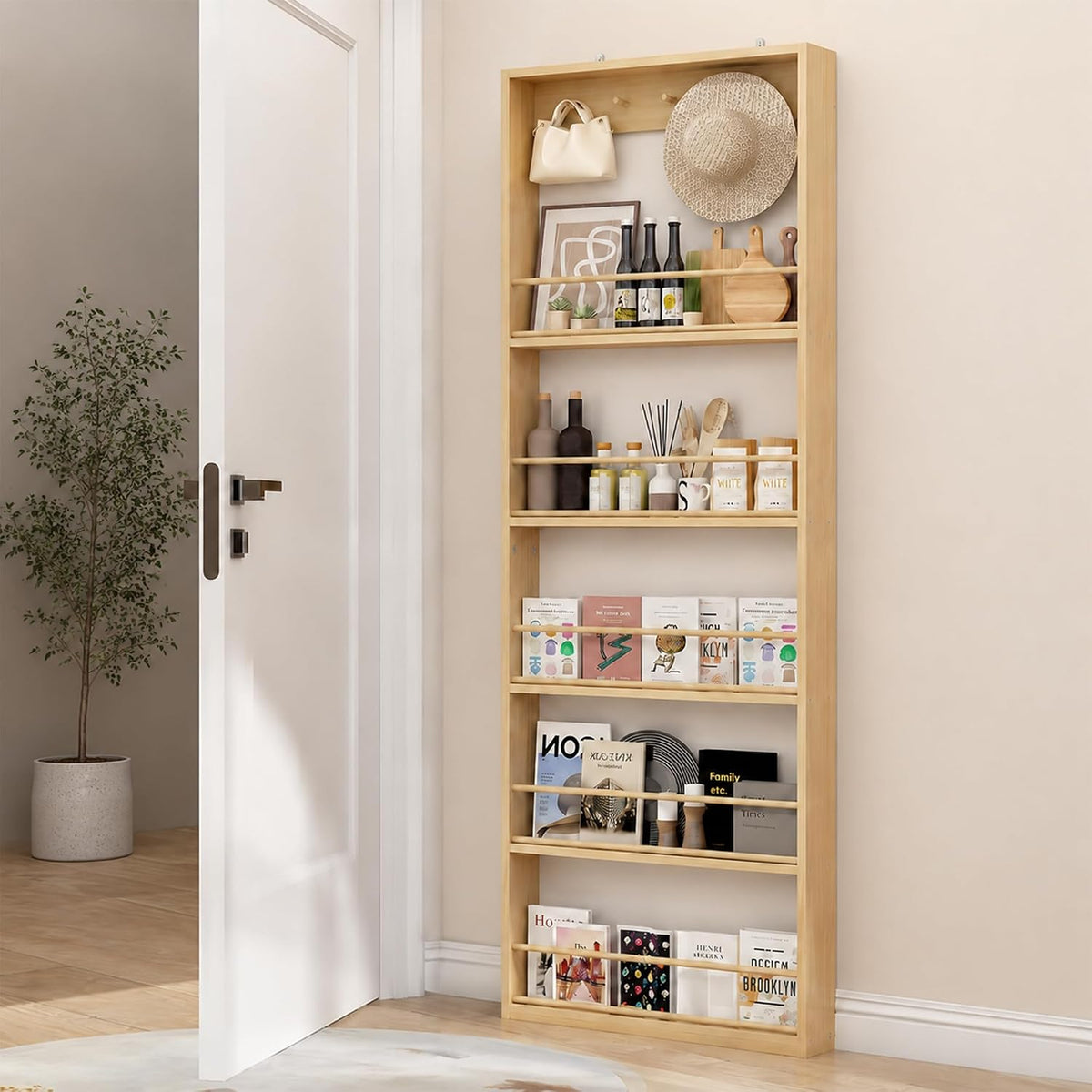 Behind the Door Storage, Wooden Behind Door Bookshelf 5-Tier with 5 Hooks, Slim 3.9 in Profile, Raised Edges and Crossbars, Anti-tip Hardware, for Kitchen,Bedrooms or Entryways