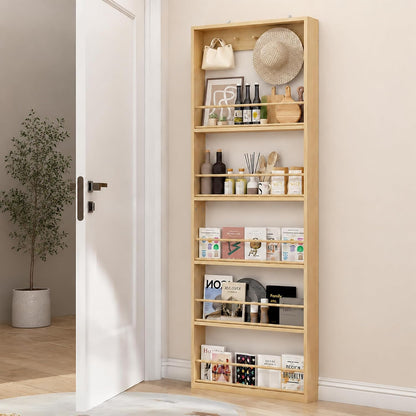 Behind the Door Storage, Wooden Behind Door Bookshelf 5-Tier with 5 Hooks, Slim 3.9 in Profile, Raised Edges and Crossbars, Anti-tip Hardware, for Kitchen,Bedrooms or Entryways