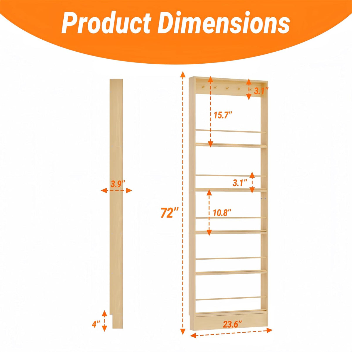 Behind the Door Storage, Wooden Behind Door Bookshelf 5-Tier with 5 Hooks, Slim 3.9 in Profile, Raised Edges and Crossbars, Anti-tip Hardware, for Kitchen,Bedrooms or Entryways