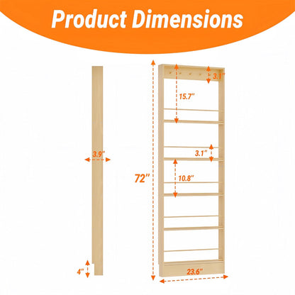 Behind the Door Storage, Wooden Behind Door Bookshelf 5-Tier with 5 Hooks, Slim 3.9 in Profile, Raised Edges and Crossbars, Anti-tip Hardware, for Kitchen,Bedrooms or Entryways