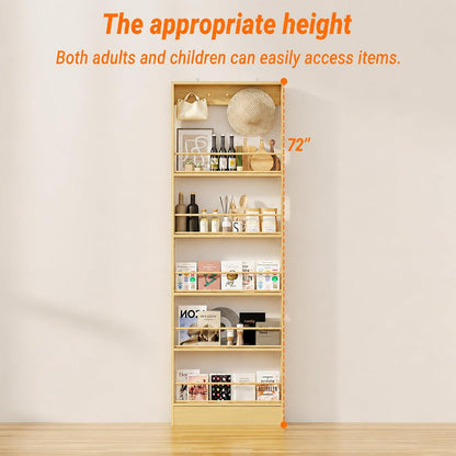 Behind the Door Storage, Wooden Behind Door Bookshelf 5-Tier with 5 Hooks, Slim 3.9 in Profile, Raised Edges and Crossbars, Anti-tip Hardware, for Kitchen,Bedrooms or Entryways