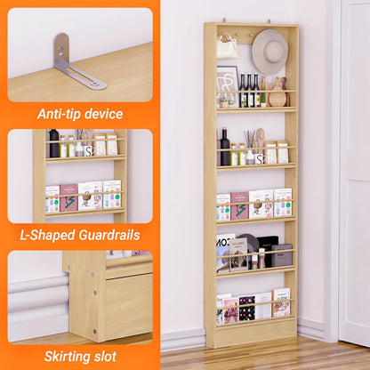 Behind the Door Storage, Wooden Behind Door Bookshelf 5-Tier with 5 Hooks, Slim 3.9 in Profile, Raised Edges and Crossbars, Anti-tip Hardware, for Kitchen,Bedrooms or Entryways