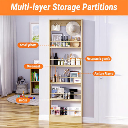 Behind the Door Storage, Wooden Behind Door Bookshelf 5-Tier with 5 Hooks, Slim 3.9 in Profile, Raised Edges and Crossbars, Anti-tip Hardware, for Kitchen,Bedrooms or Entryways