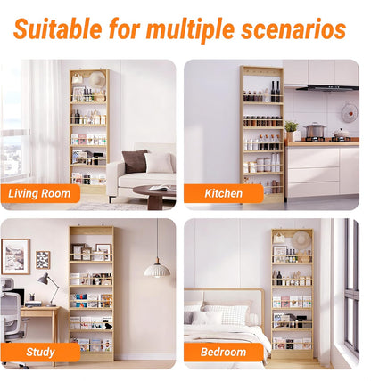 Behind the Door Storage, Wooden Behind Door Bookshelf 5-Tier with 5 Hooks, Slim 3.9 in Profile, Raised Edges and Crossbars, Anti-tip Hardware, for Kitchen,Bedrooms or Entryways