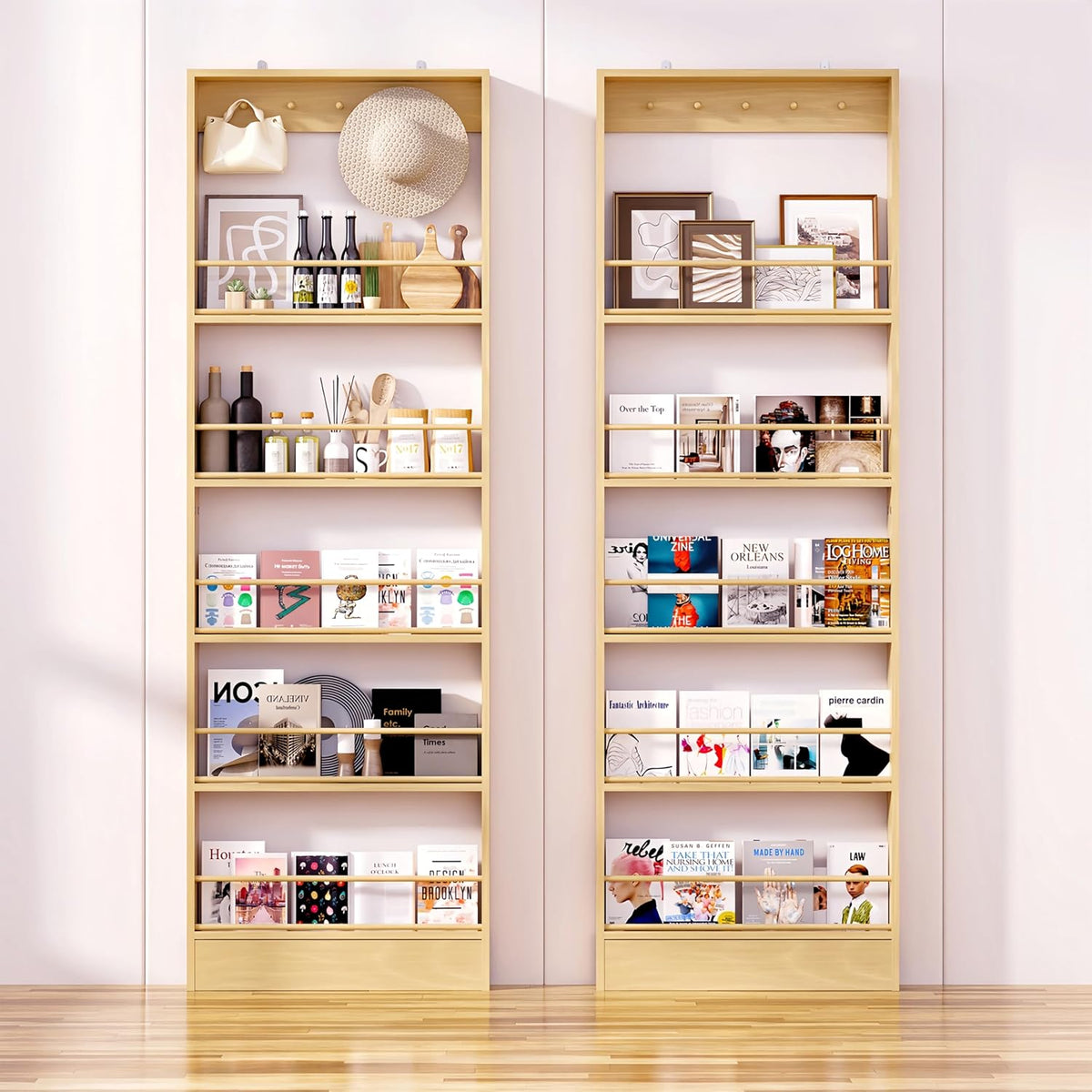 Behind the Door Storage, Wooden Behind Door Bookshelf 5-Tier with 5 Hooks, Slim 3.9 in Profile, Raised Edges and Crossbars, Anti-tip Hardware, for Kitchen,Bedrooms or Entryways