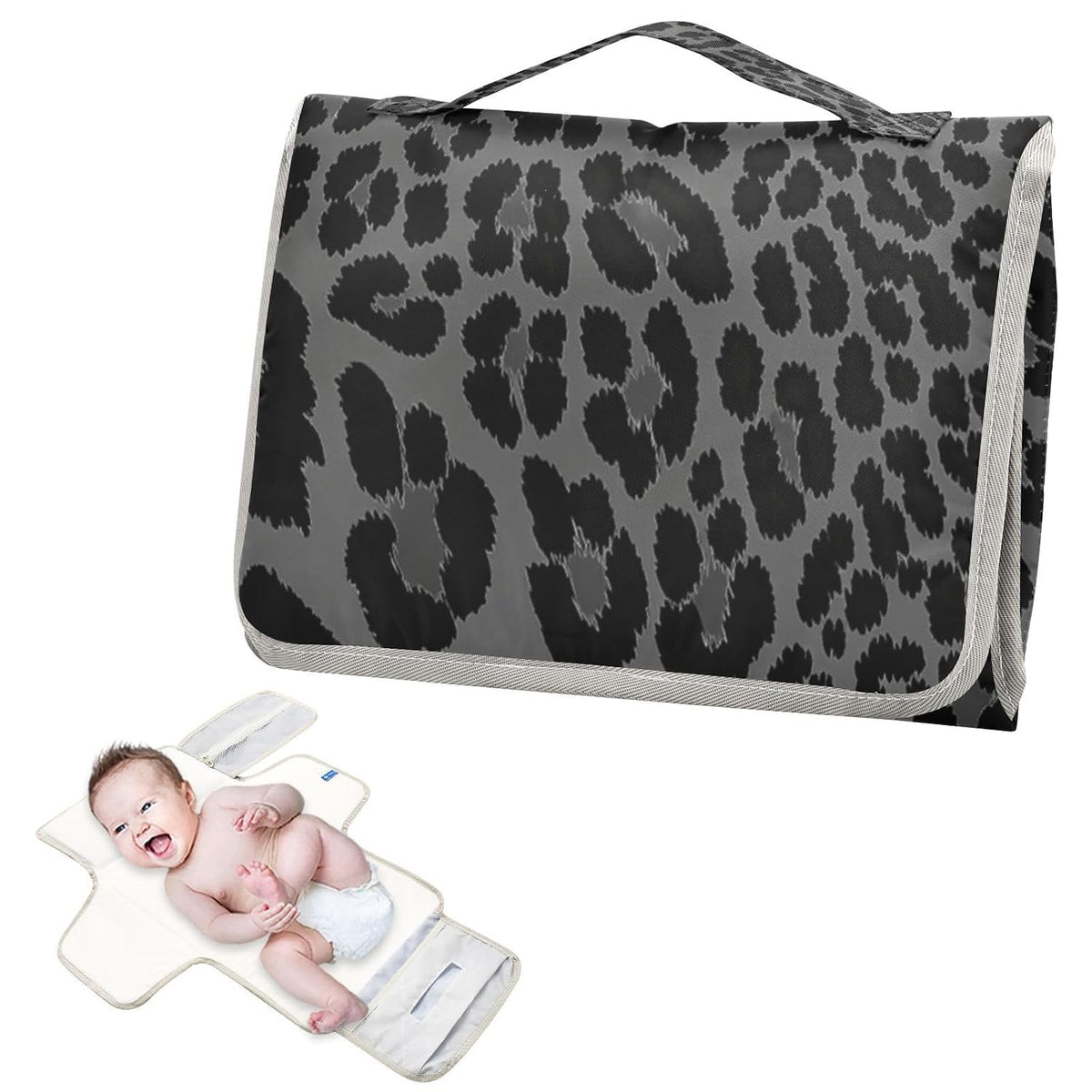 Leopard Black Portable Diaper Changing Pad, Waterproof Baby Changing Mat with Storage Pocket & Built-in Pillow, Foldable Travel Pad, Newborn Gift Set for Boy Girl