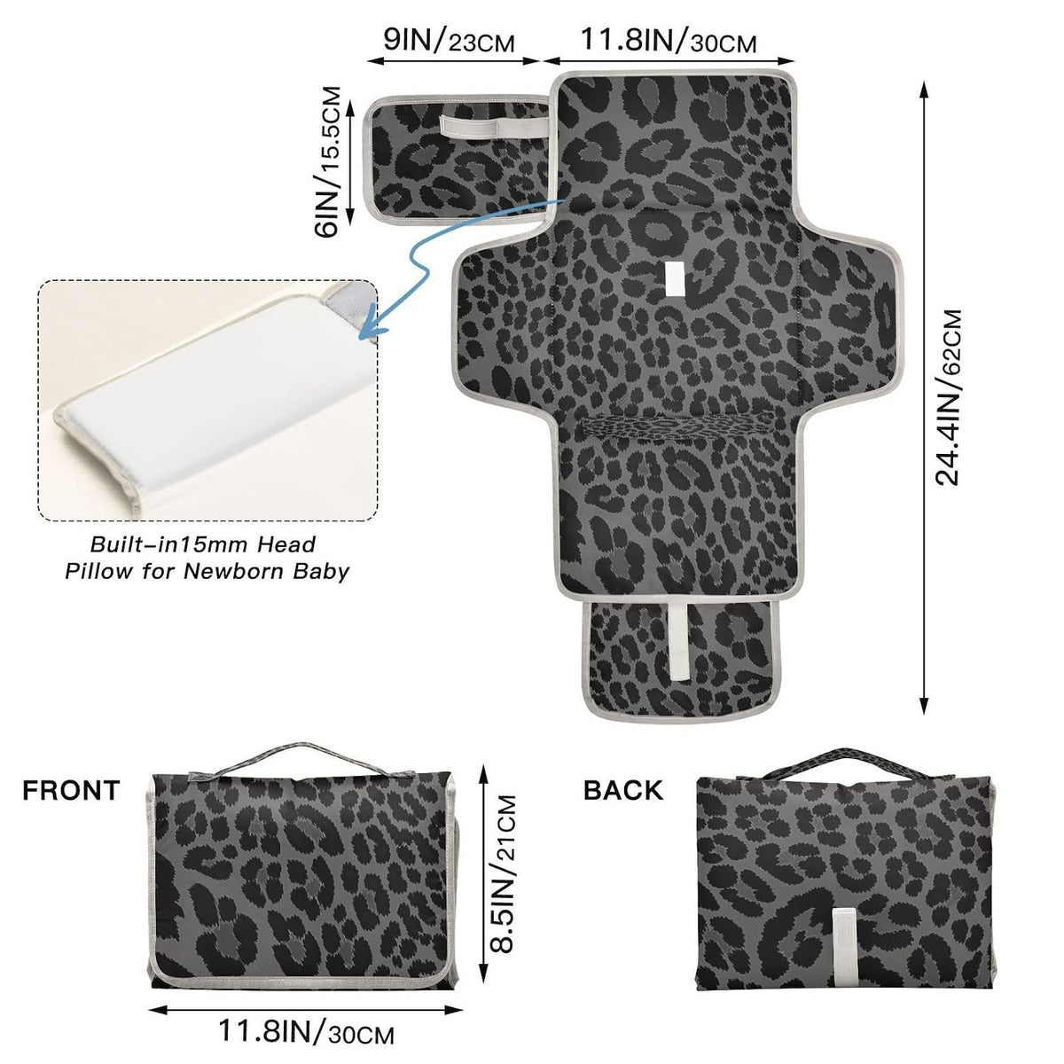 Leopard Black Portable Diaper Changing Pad, Waterproof Baby Changing Mat with Storage Pocket & Built-in Pillow, Foldable Travel Pad, Newborn Gift Set for Boy Girl
