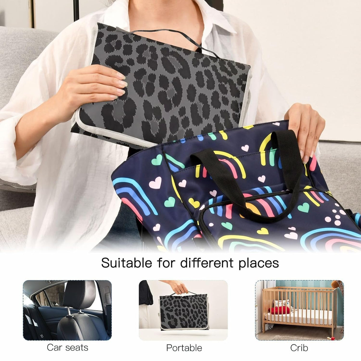 Leopard Black Portable Diaper Changing Pad, Waterproof Baby Changing Mat with Storage Pocket & Built-in Pillow, Foldable Travel Pad, Newborn Gift Set for Boy Girl