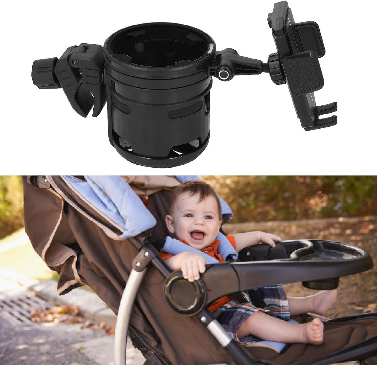 2 in 1 Stroller Cup and Phone Holder, 360 Degree Rotatable Double Bottle Drink Holder Scooter Handlebar (Green)