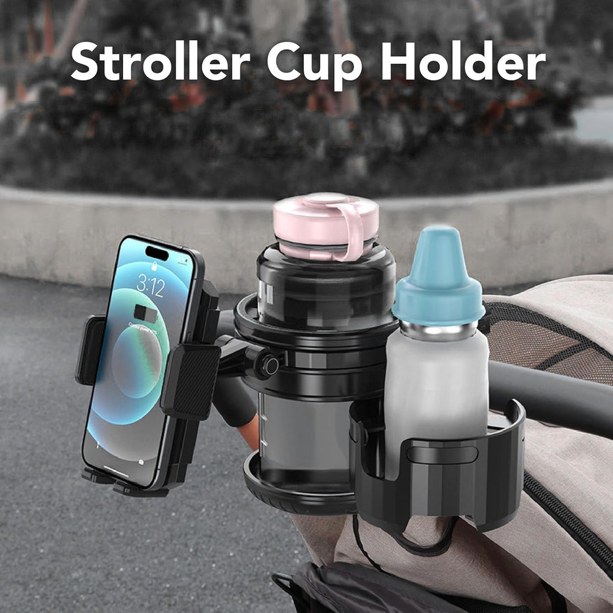 2 in 1 Stroller Cup and Phone Holder, 360 Degree Rotatable Double Bottle Drink Holder Scooter Handlebar (Green)