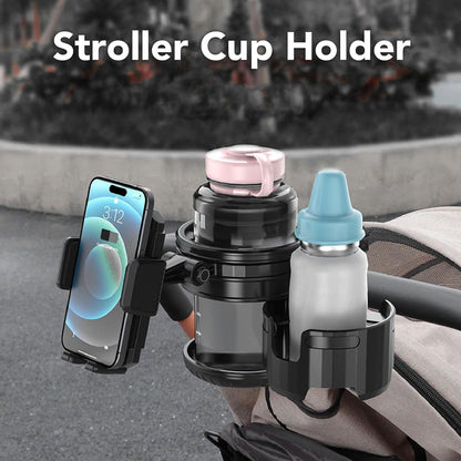 2 in 1 Stroller Cup and Phone Holder, 360 Degree Rotatable Double Bottle Drink Holder Scooter Handlebar (Green)