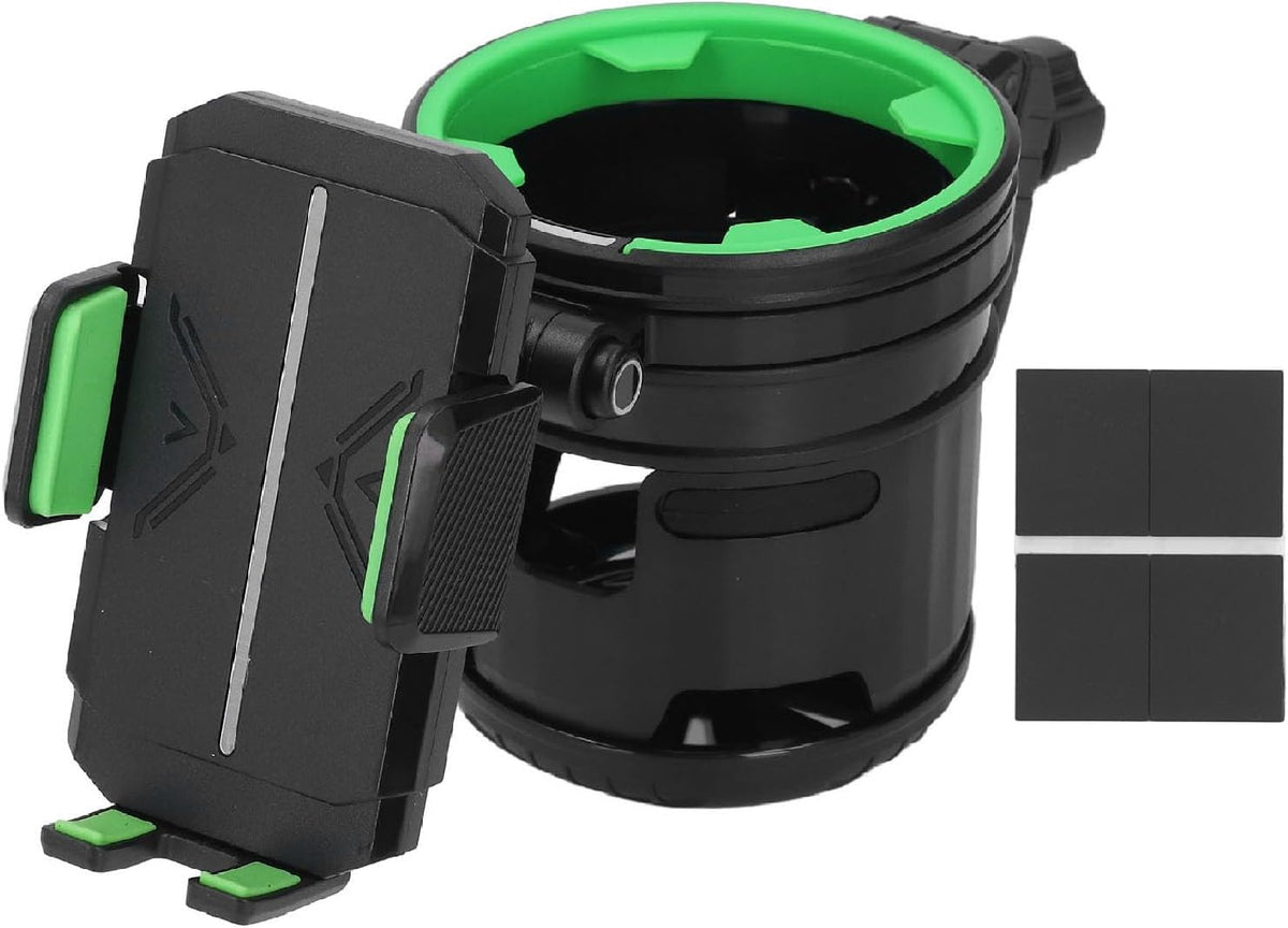 2 in 1 Stroller Cup and Phone Holder, 360 Degree Rotatable Double Bottle Drink Holder Scooter Handlebar (Green)