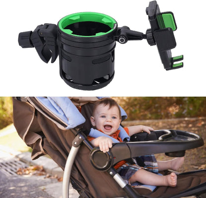 2 in 1 Stroller Cup and Phone Holder, 360 Degree Rotatable Double Bottle Drink Holder Scooter Handlebar (Green)