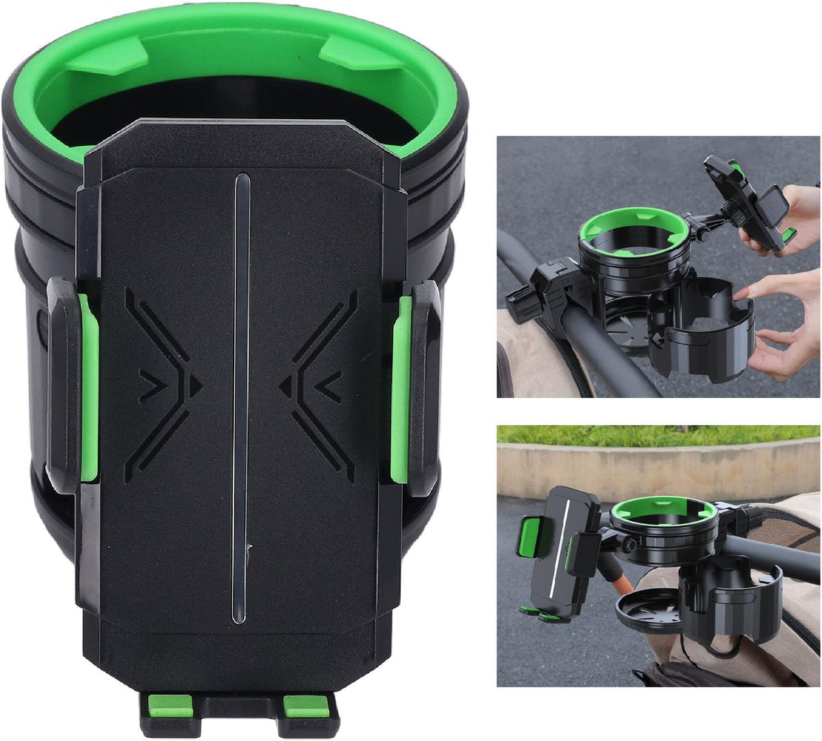 2 in 1 Stroller Cup and Phone Holder, 360 Degree Rotatable Double Bottle Drink Holder Scooter Handlebar (Green)