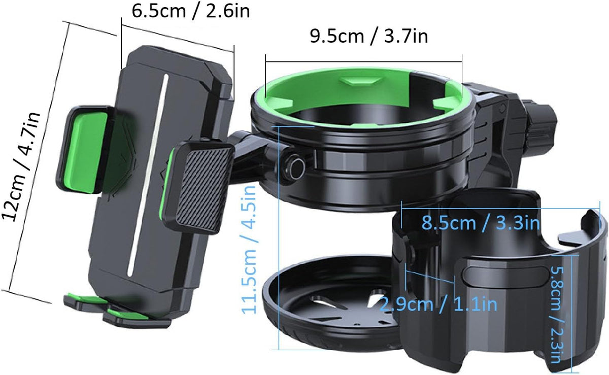 2 in 1 Stroller Cup and Phone Holder, 360 Degree Rotatable Double Bottle Drink Holder Scooter Handlebar (Green)