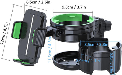 2 in 1 Stroller Cup and Phone Holder, 360 Degree Rotatable Double Bottle Drink Holder Scooter Handlebar (Green)