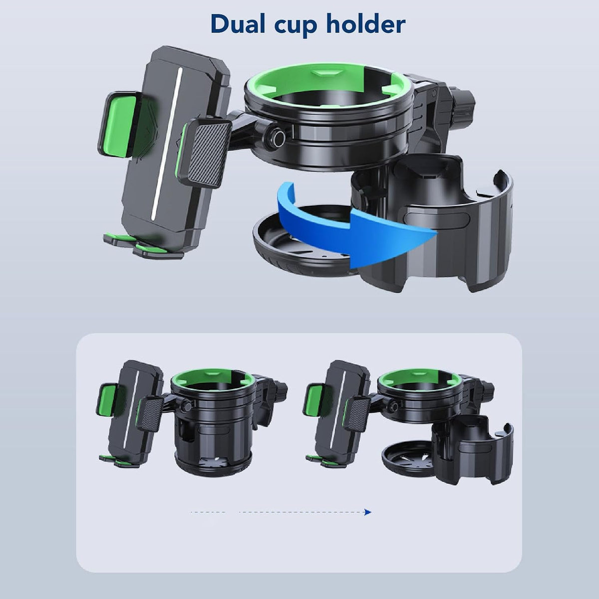 2 in 1 Stroller Cup and Phone Holder, 360 Degree Rotatable Double Bottle Drink Holder Scooter Handlebar (Green)