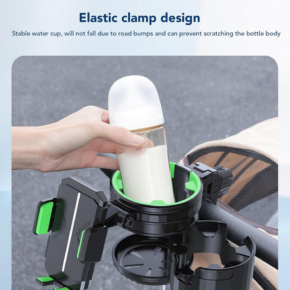 2 in 1 Stroller Cup and Phone Holder, 360 Degree Rotatable Double Bottle Drink Holder Scooter Handlebar (Green)