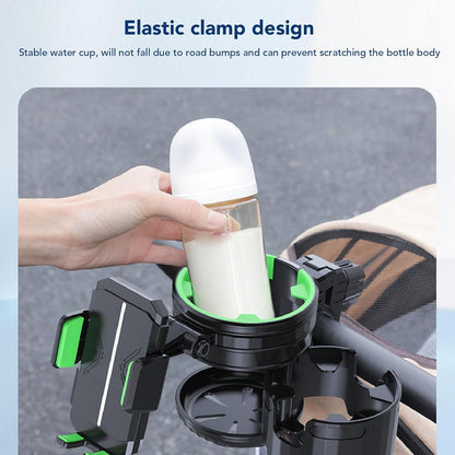 2 in 1 Stroller Cup and Phone Holder, 360 Degree Rotatable Double Bottle Drink Holder Scooter Handlebar (Green)