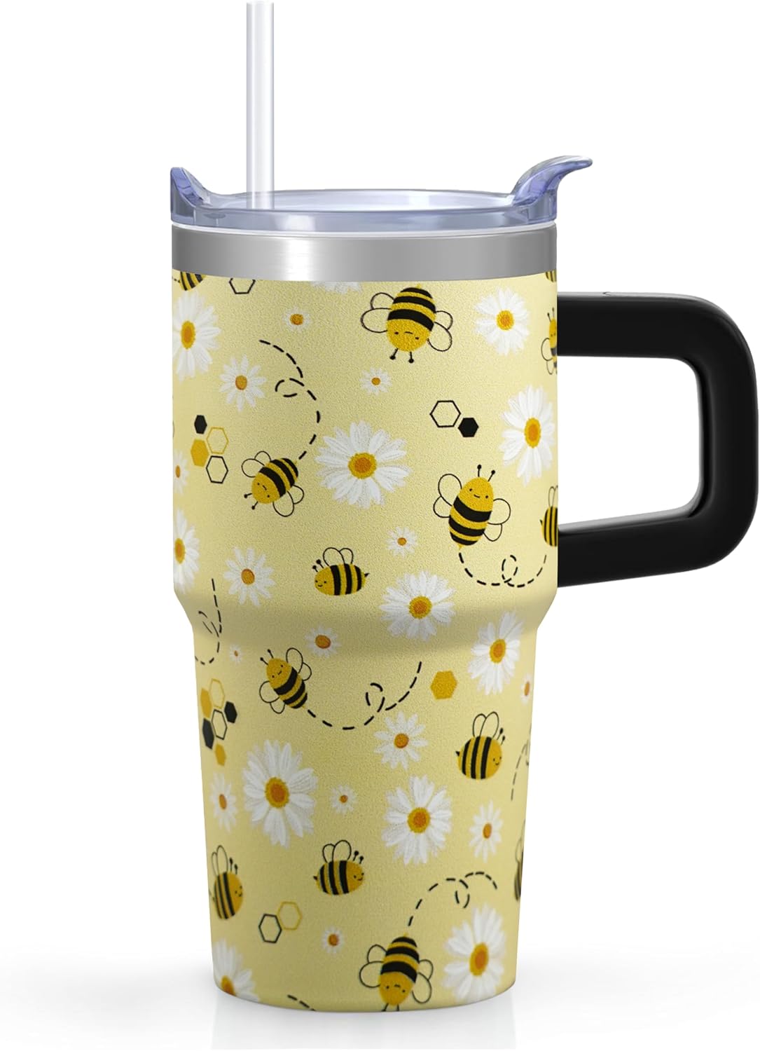 20oz Cute Honey Bee Insulated Tumbler with Handle, Premium Stainless Steel Water Bottle with Rotating Lid Straw, Spring Garden Gift for Women Girls Birthday Christmas Back to School