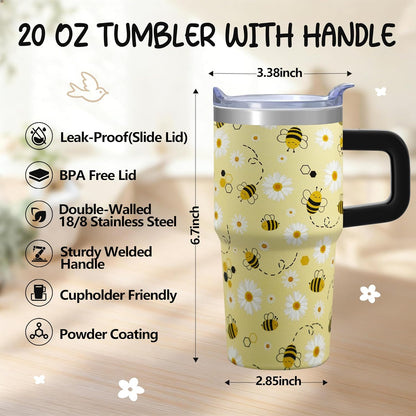 20oz Cute Honey Bee Insulated Tumbler with Handle, Premium Stainless Steel Water Bottle with Rotating Lid Straw, Spring Garden Gift for Women Girls Birthday Christmas Back to School