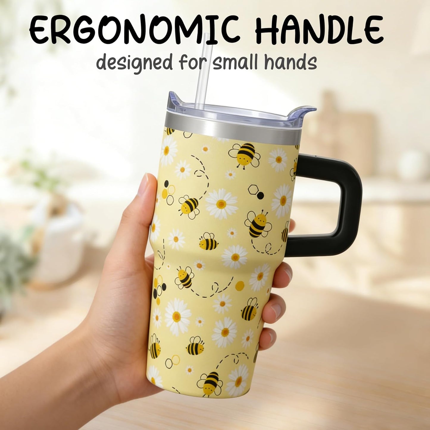 20oz Cute Honey Bee Insulated Tumbler with Handle, Premium Stainless Steel Water Bottle with Rotating Lid Straw, Spring Garden Gift for Women Girls Birthday Christmas Back to School
