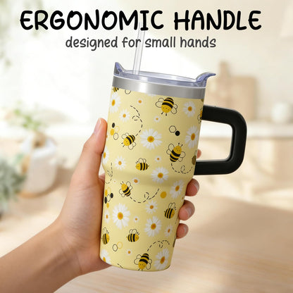 20oz Cute Honey Bee Insulated Tumbler with Handle, Premium Stainless Steel Water Bottle with Rotating Lid Straw, Spring Garden Gift for Women Girls Birthday Christmas Back to School