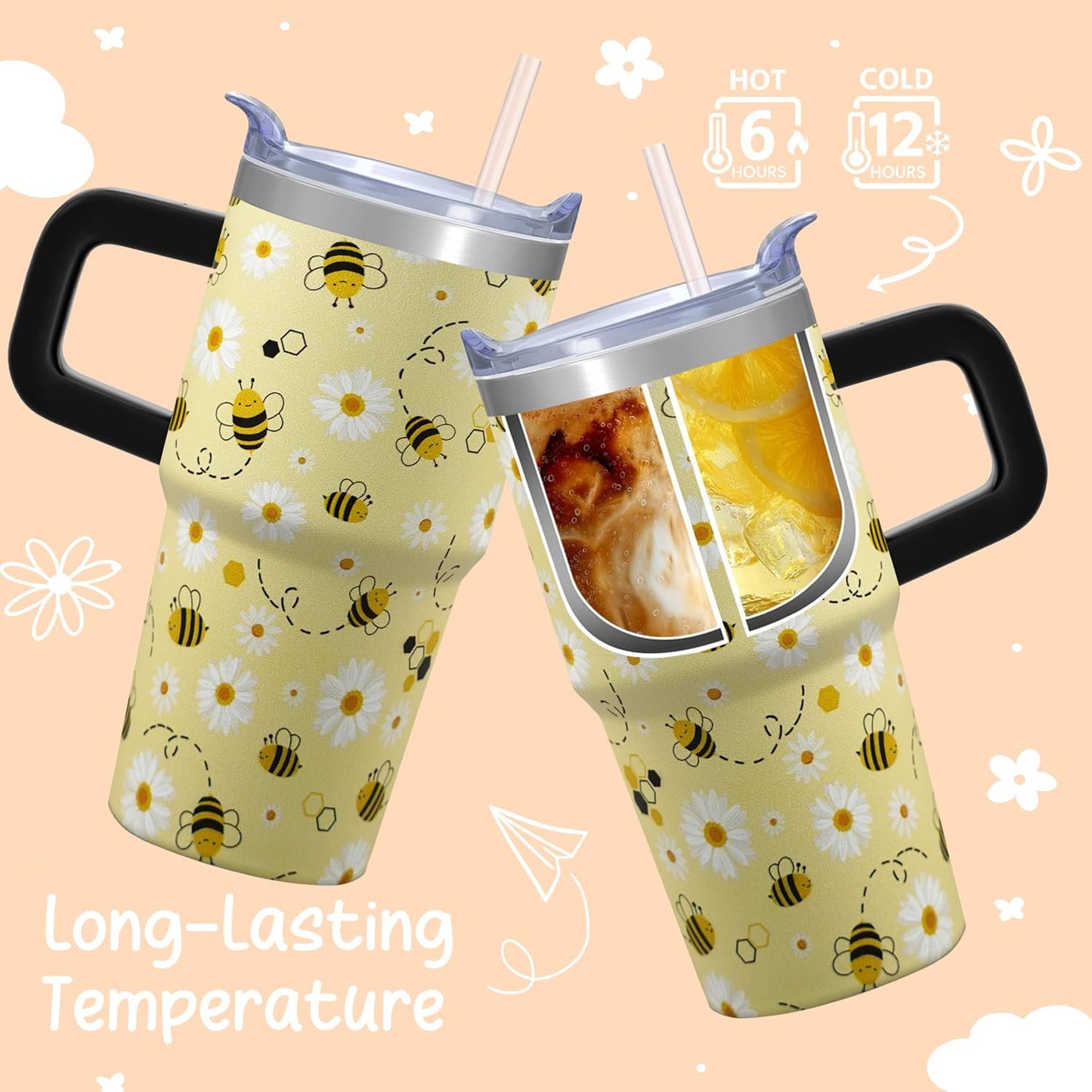 20oz Cute Honey Bee Insulated Tumbler with Handle, Premium Stainless Steel Water Bottle with Rotating Lid Straw, Spring Garden Gift for Women Girls Birthday Christmas Back to School