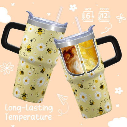 20oz Cute Honey Bee Insulated Tumbler with Handle, Premium Stainless Steel Water Bottle with Rotating Lid Straw, Spring Garden Gift for Women Girls Birthday Christmas Back to School