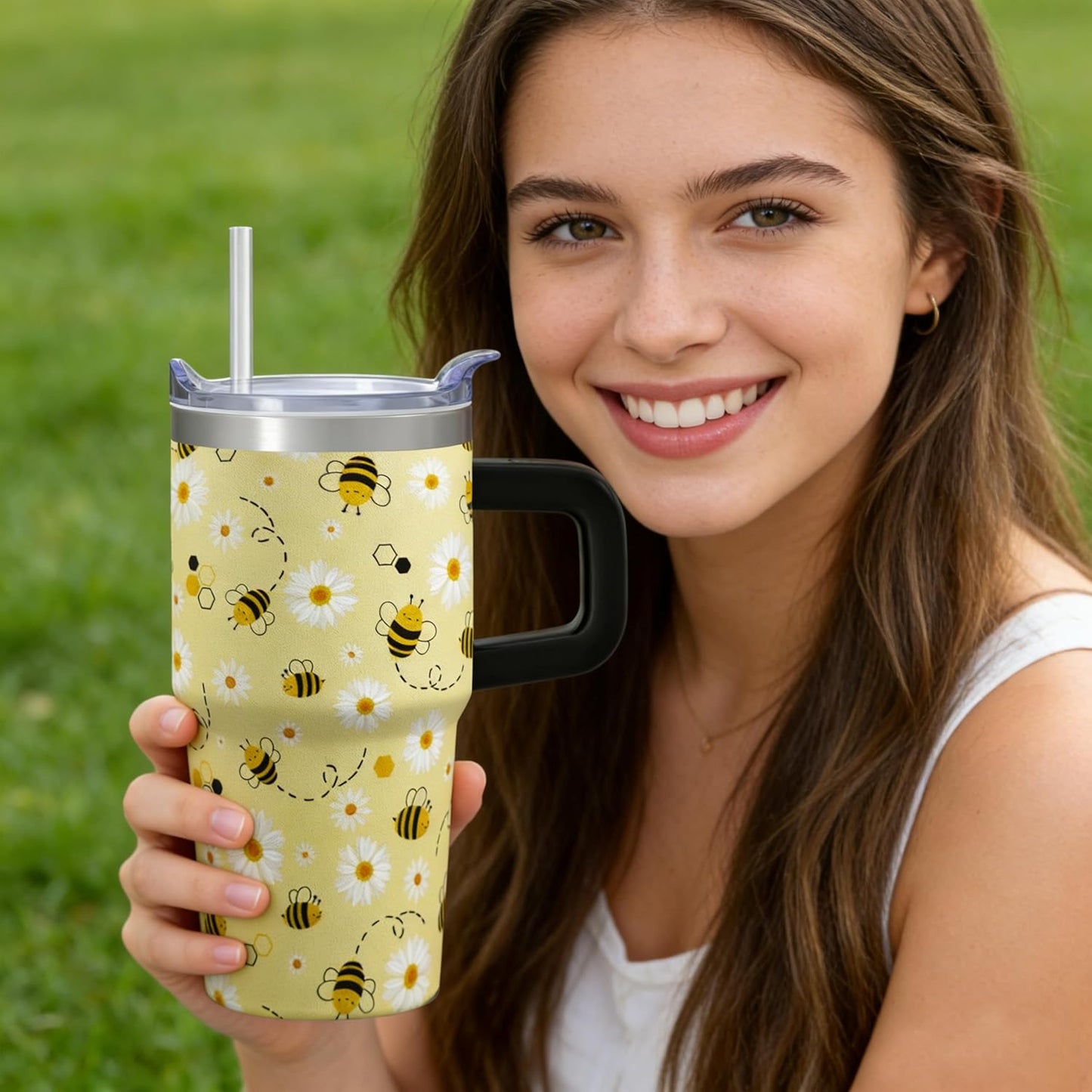 20oz Cute Honey Bee Insulated Tumbler with Handle, Premium Stainless Steel Water Bottle with Rotating Lid Straw, Spring Garden Gift for Women Girls Birthday Christmas Back to School
