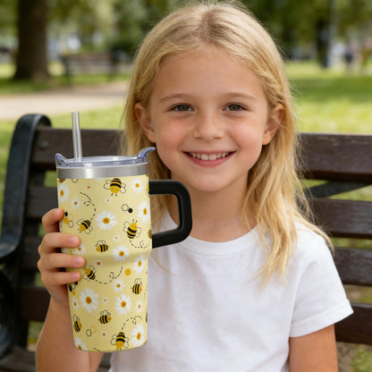 20oz Cute Honey Bee Insulated Tumbler with Handle, Premium Stainless Steel Water Bottle with Rotating Lid Straw, Spring Garden Gift for Women Girls Birthday Christmas Back to School