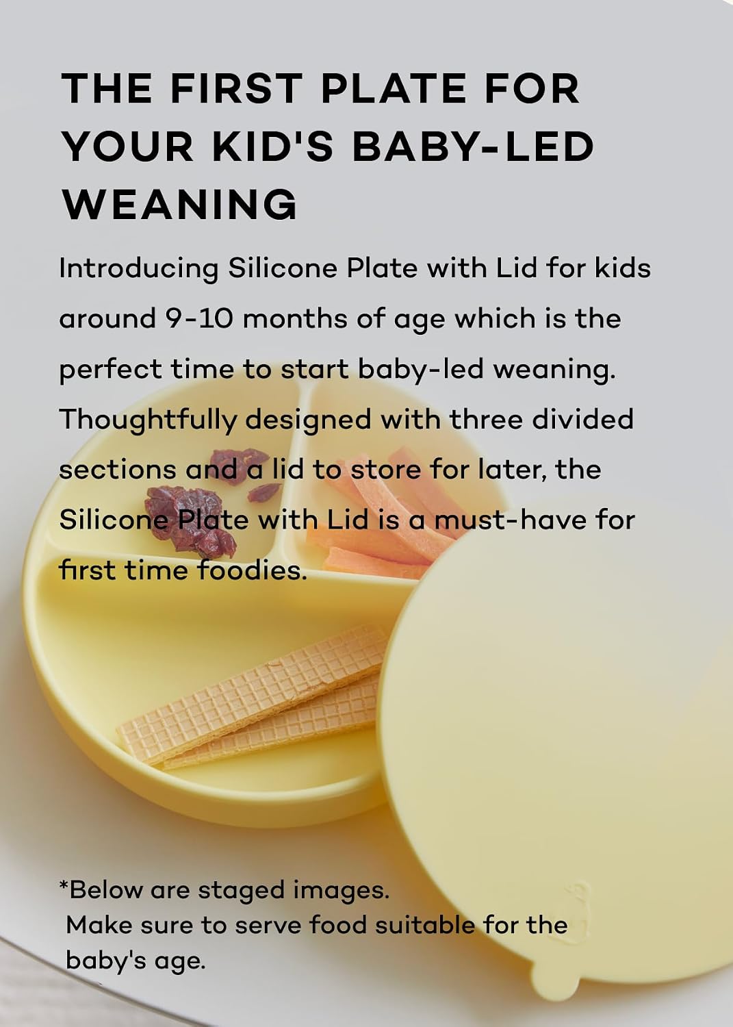 EASYFEED Silicone Plate with Lid (1-4Y) 3-Divided Suction Plate Baby Led Weaning Supplies Training Baby Utensils Feeding Supplies (Lemon Yellow)