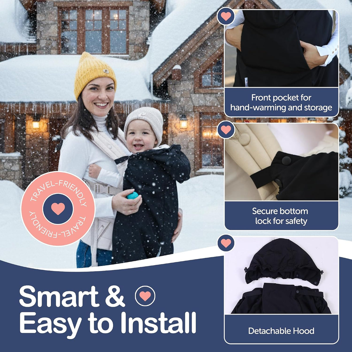Baby Carrier Cover Winter with Detachable Hood - Windproof & Water-Resistant Winter Car Seat Cover Baby Girl & Boy, Universal Travel Carrier & Stroller Blankets for Babies