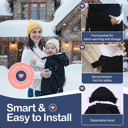 Baby Carrier Cover Winter with Detachable Hood - Windproof & Water-Resistant Winter Car Seat Cover Baby Girl & Boy, Universal Travel Carrier & Stroller Blankets for Babies