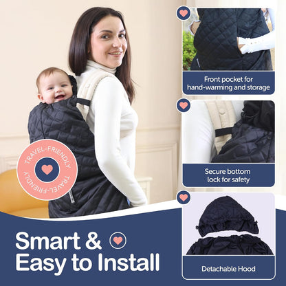 Baby Carrier Cover Winter with Detachable Hood - Windproof & Water-Resistant Winter Car Seat Cover Baby Girl & Boy, Universal Travel Carrier & Stroller Blankets for Babies